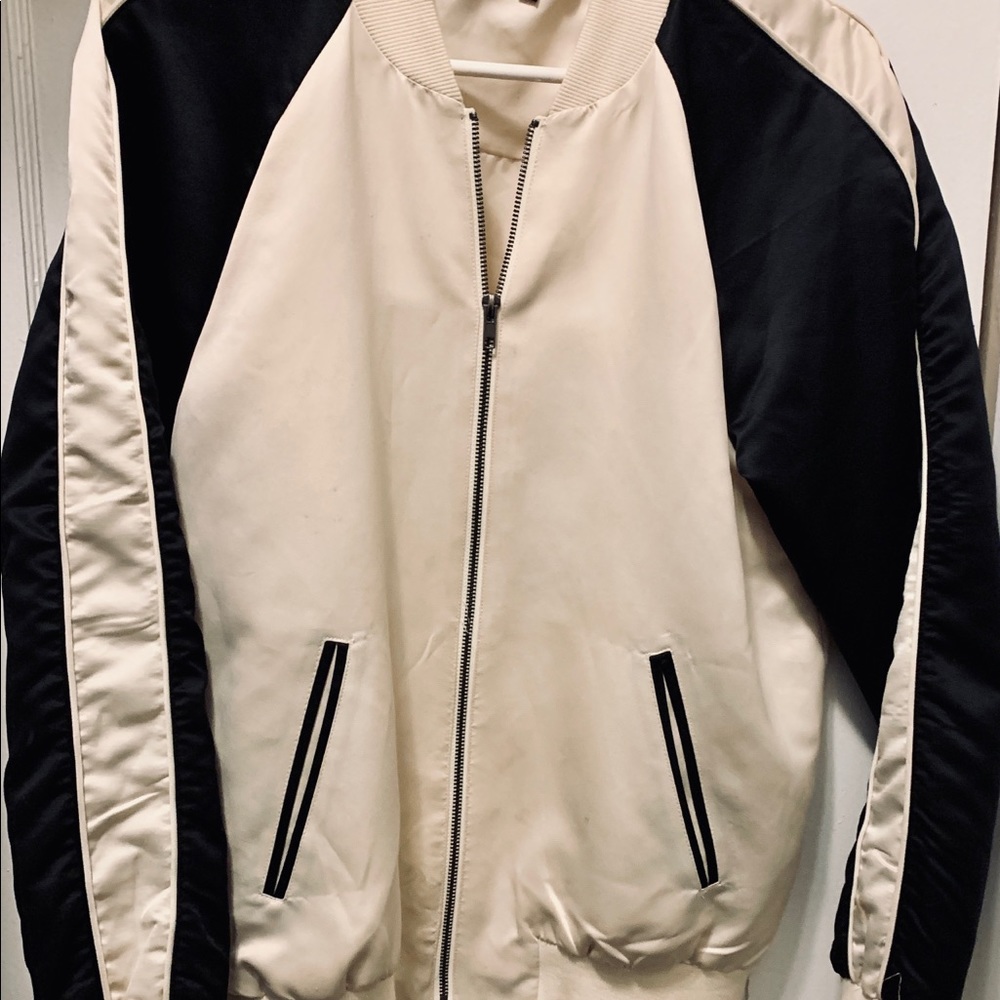Satin Sportswear baseball jacket   Black striped arms, off white Sz sm
